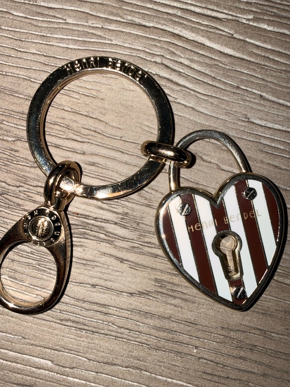 Henri Bendel Stripe Brown Heart Keychain Clip